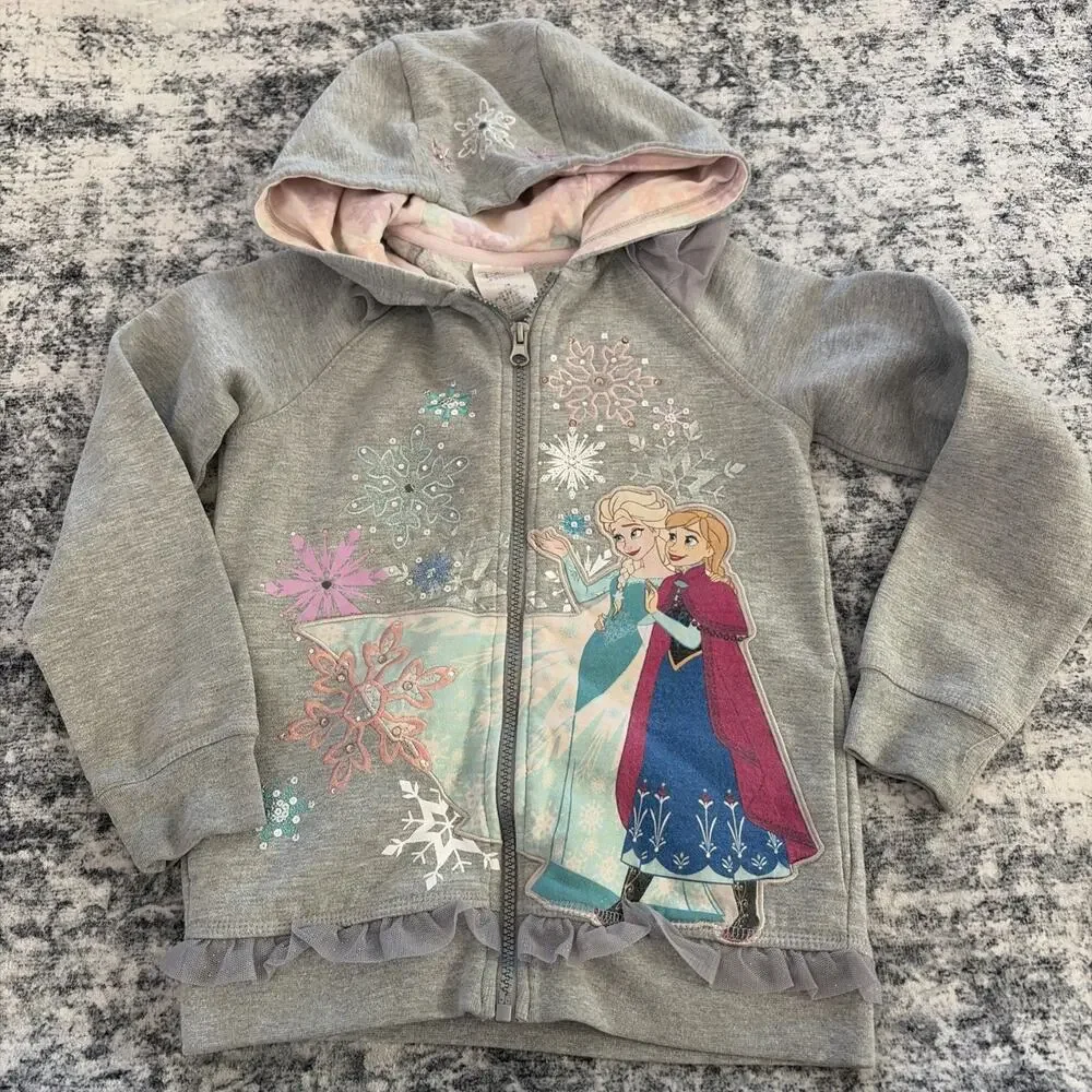 Disney Store Frozen Girls Sz 7/8 Hoodie Snowflakes Sweater‎ Glitter Rhinestones